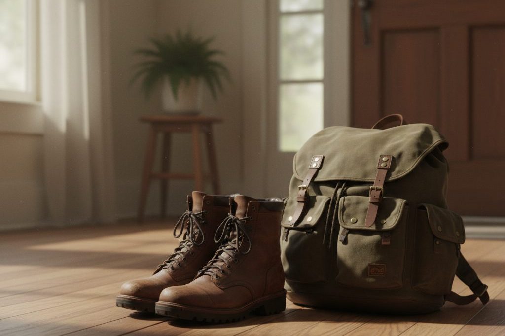 Combat boots and a canvas backpack resting by a front door in morning light