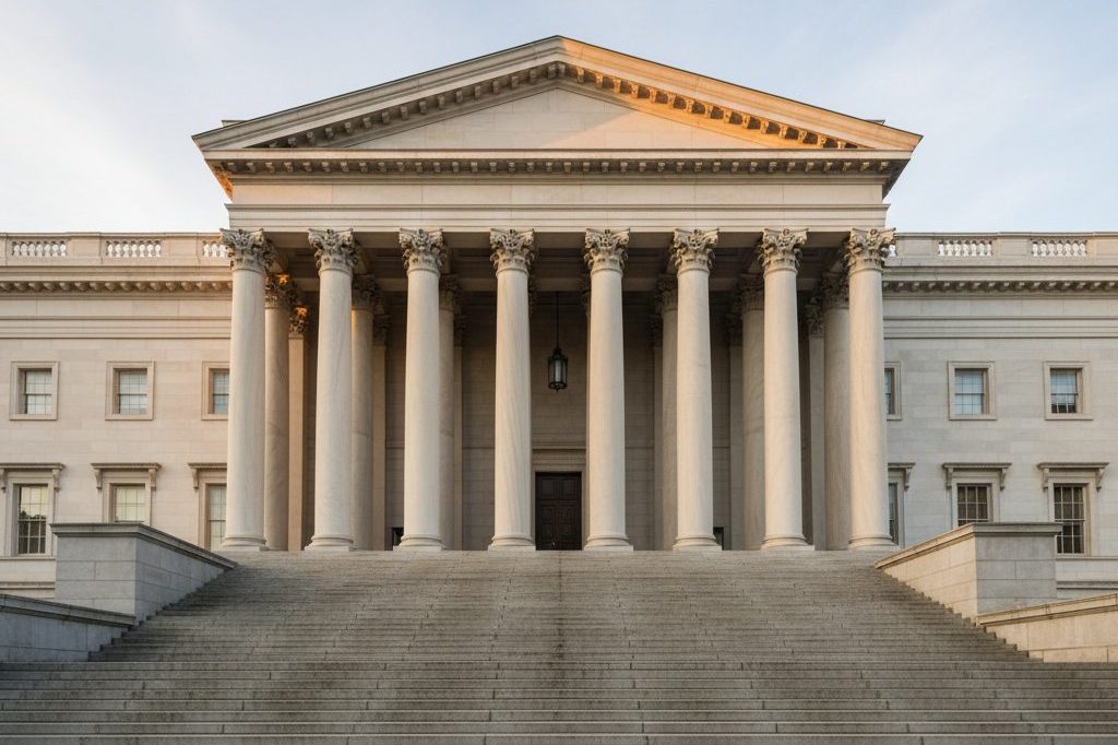 Stone government building steps leading up to classical columns at dawn