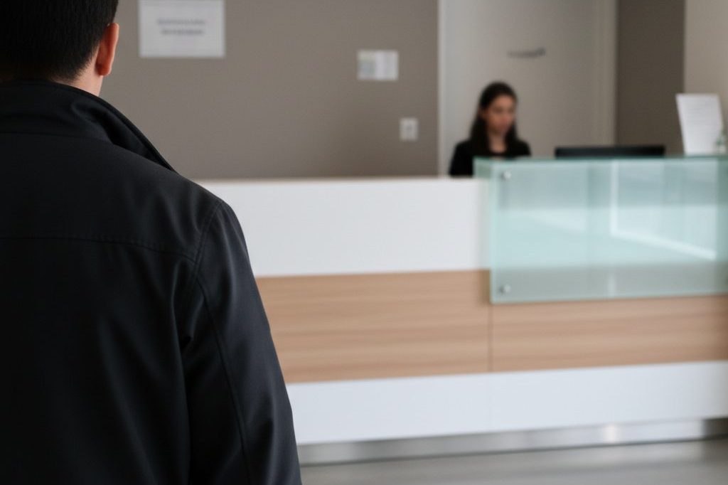 Over-the-shoulder view of a veteran approaching a medical clinic reception desk