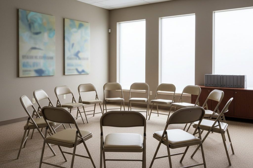 Circle of empty folding chairs in a quiet community meeting room