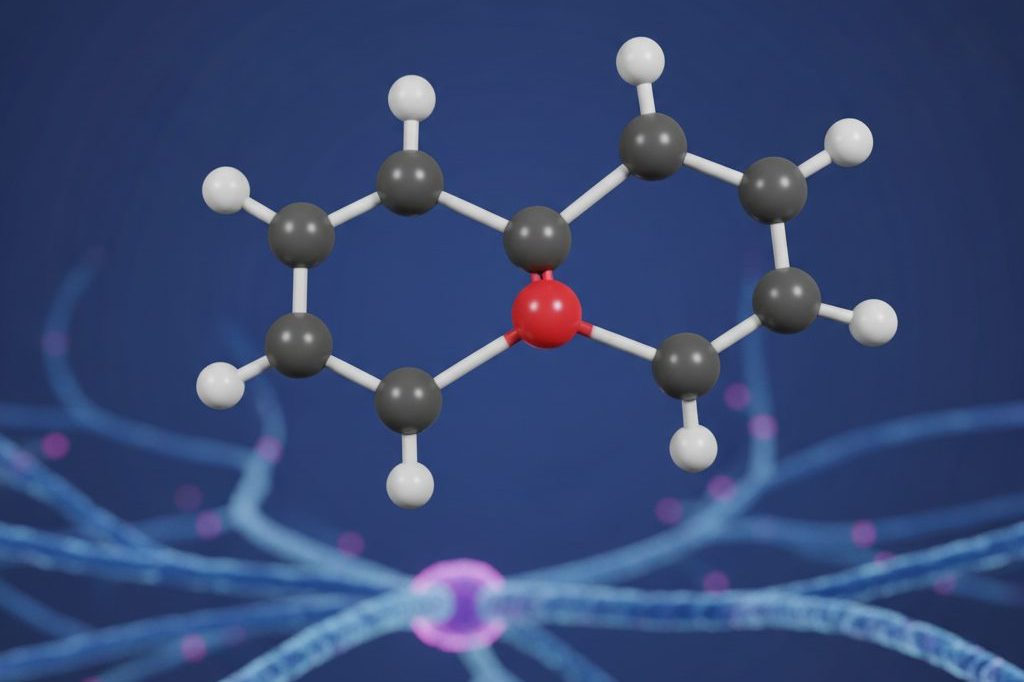 3D rendering of an endocannabinoid molecule above a blurred synapse