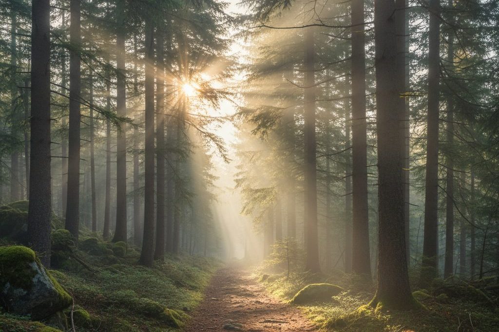 Forest trail winding through evergreen trees in soft morning mist