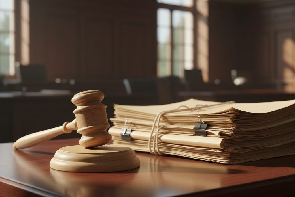 Wooden gavel beside a stack of legal documents on a polished desk