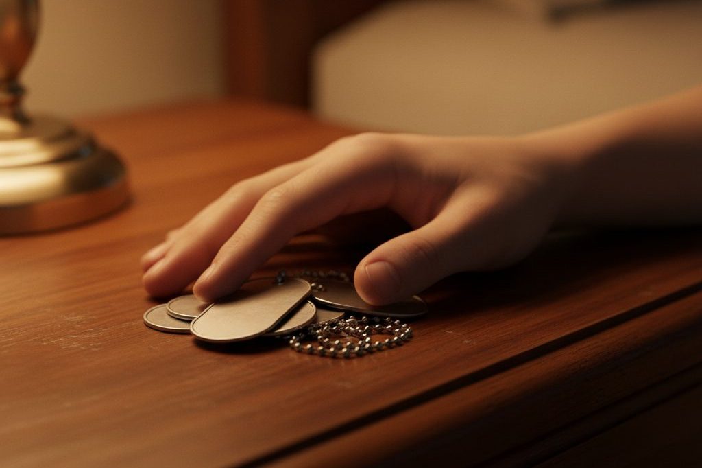 A hand resting on a dog tag chain on a wooden nightstand in warm lamplight