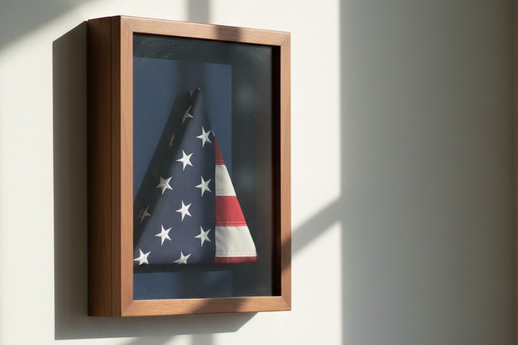 Folded American flag triangle in a wooden shadow box lit by morning light