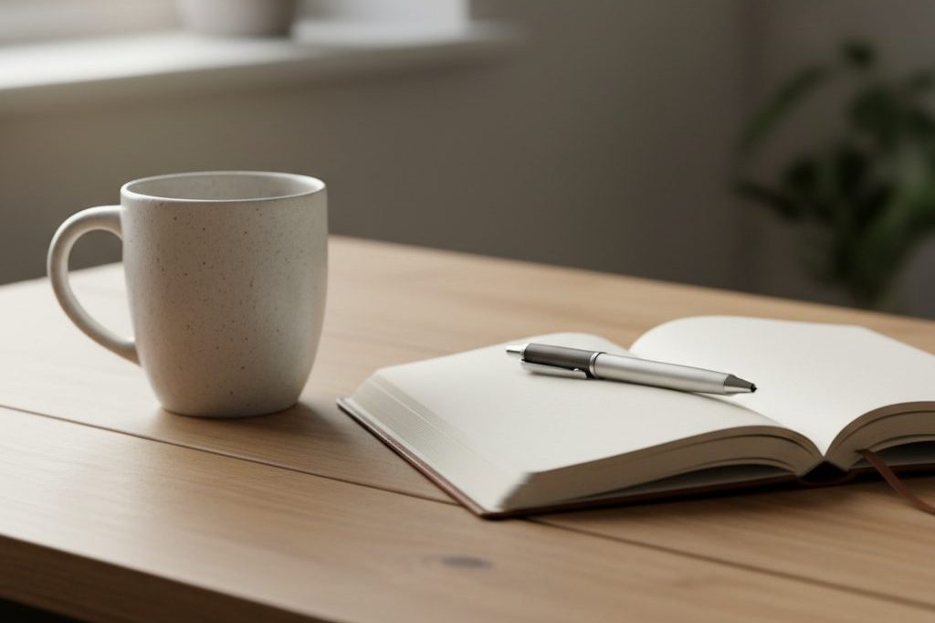 Coffee mug on a desk beside an open journal in morning light