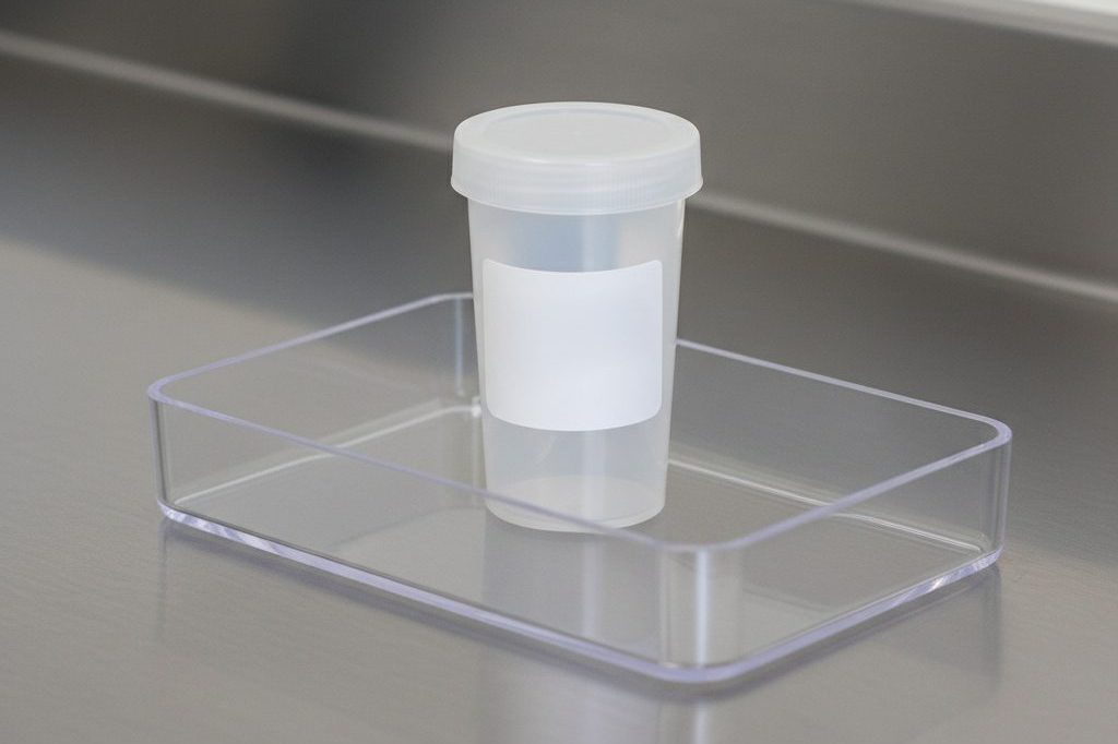 Sterile specimen collection cup on a tray in a clinical setting