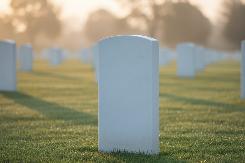 A single white military gravestone in soft morning light at a memorial cemetery