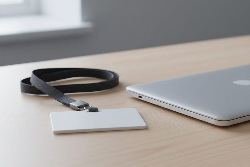A blank ID badge on a lanyard resting on a modern office desk