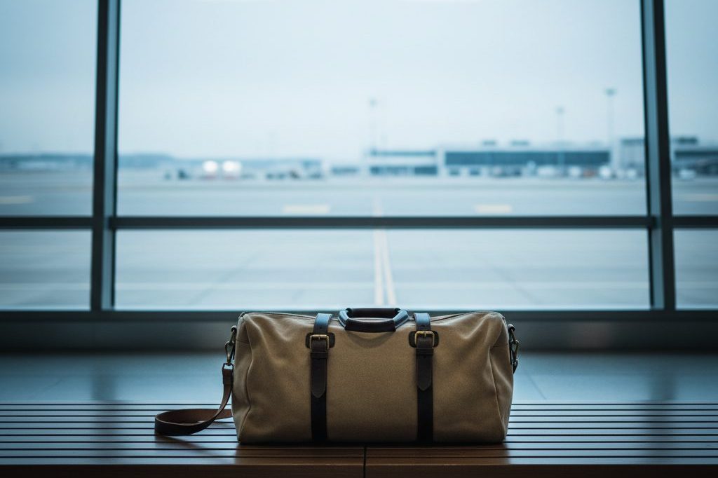 A canvas duffel bag on an empty airport bench by a large window