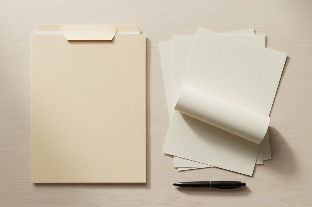 A manila folder of paperwork and a pen resting on a wooden desk