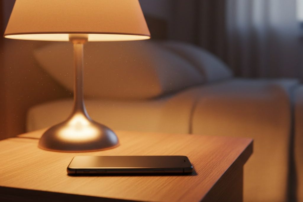 Smartphone resting face-down on a nightstand beside a glowing lamp