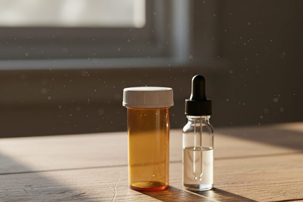 Small prescription pill bottle beside a tincture dropper bottle on a kitchen table