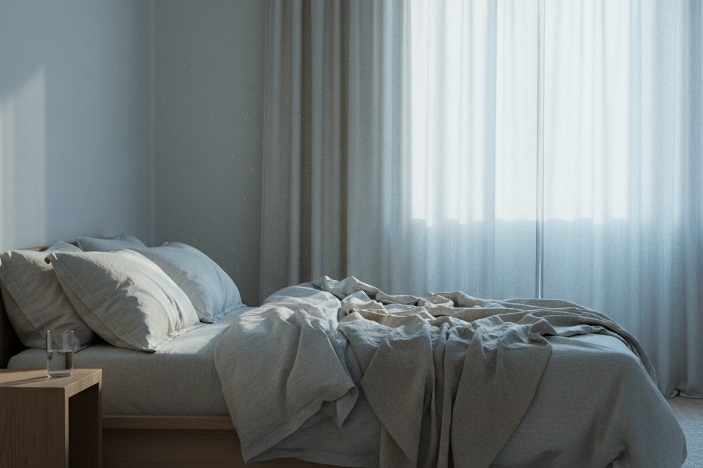 A quiet modern bedroom with curtains drawn and soft diffused morning light