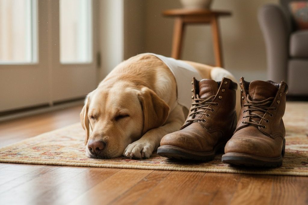 A calm service dog lying beside a pair of leather boots on a hardwood floor