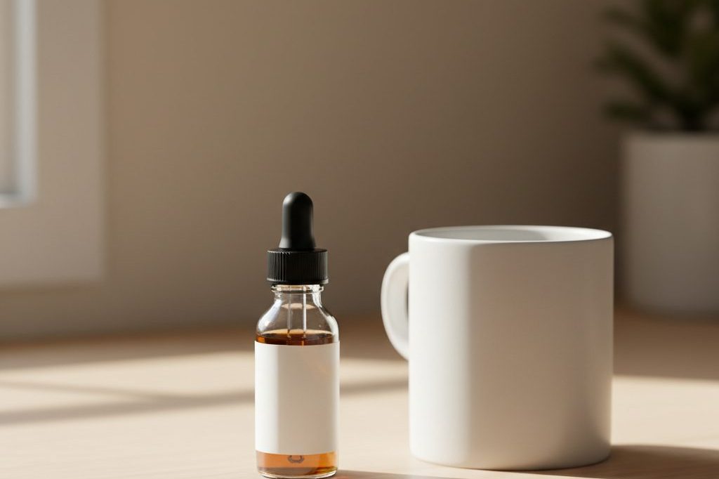A single tincture vial with dropper beside a plain mug on a kitchen counter