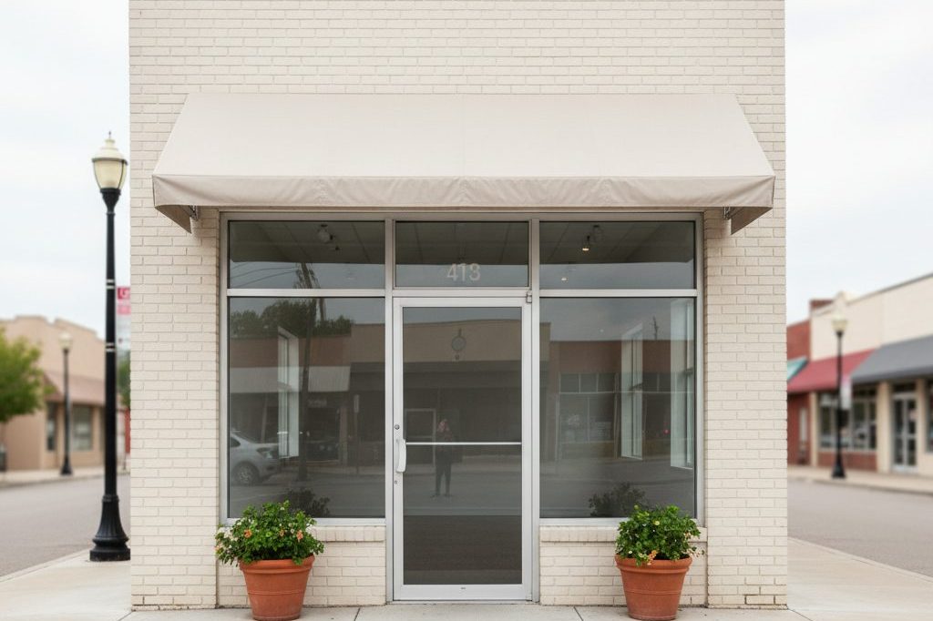 An unbranded small-business storefront on a quiet main street