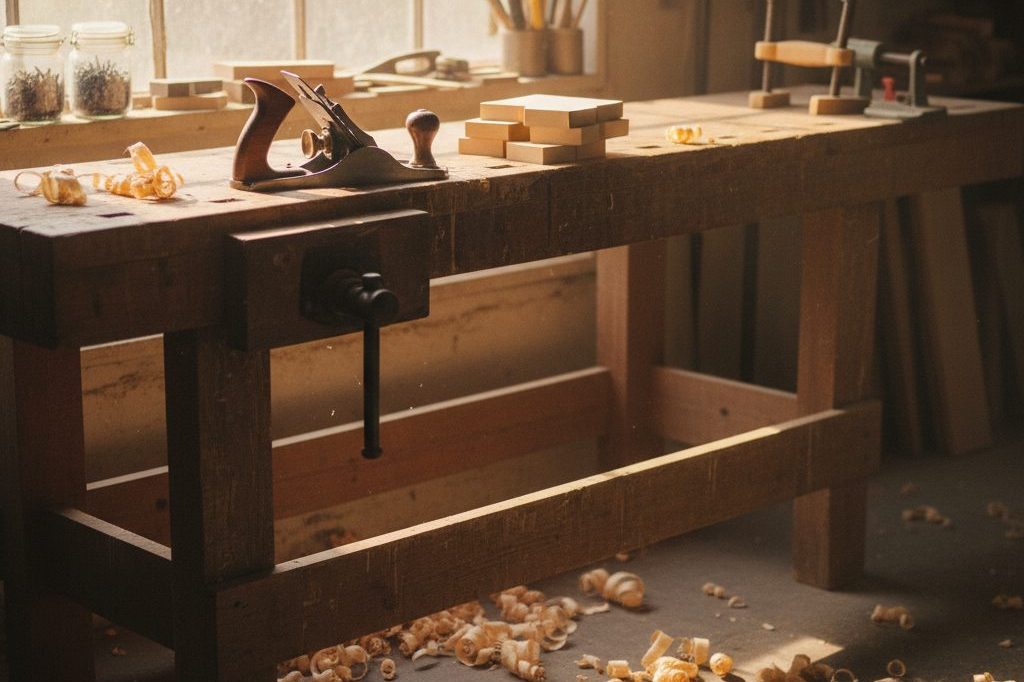 Woodworking bench with hand plane and wood shavings in afternoon light